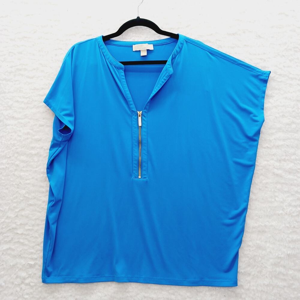 Blouse Kimono Blue Gold Zip Going-Out Top Modern Minimalist Glam Luxury Size XL